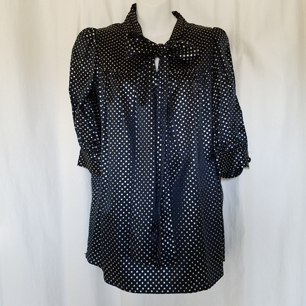 MANOUSH Silk Navy Blue Art Deco Polka Dot Gold Secretary Bow Blouse